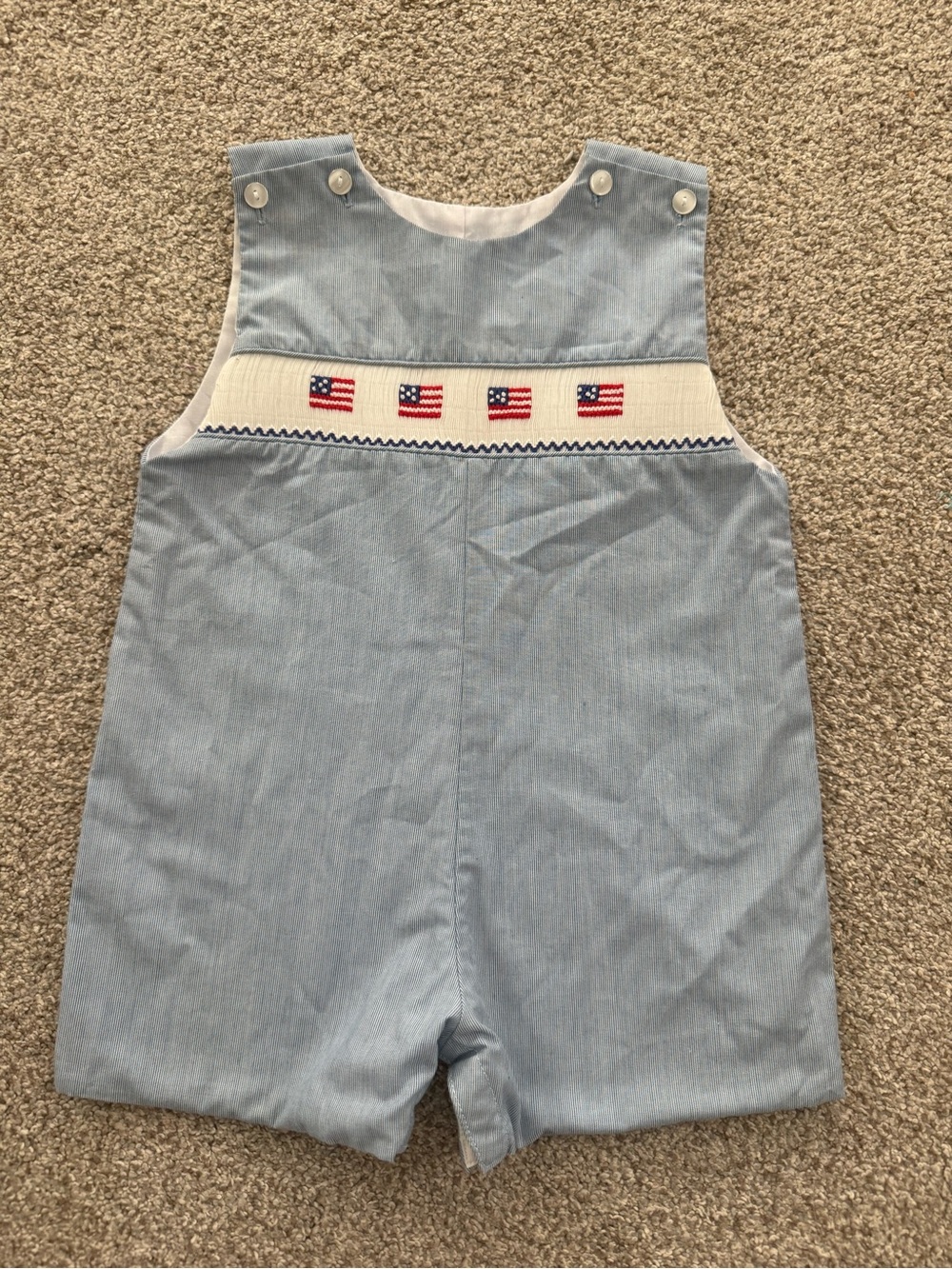 Light Blue Smocked Boys' Shortall with Flag Embroidery